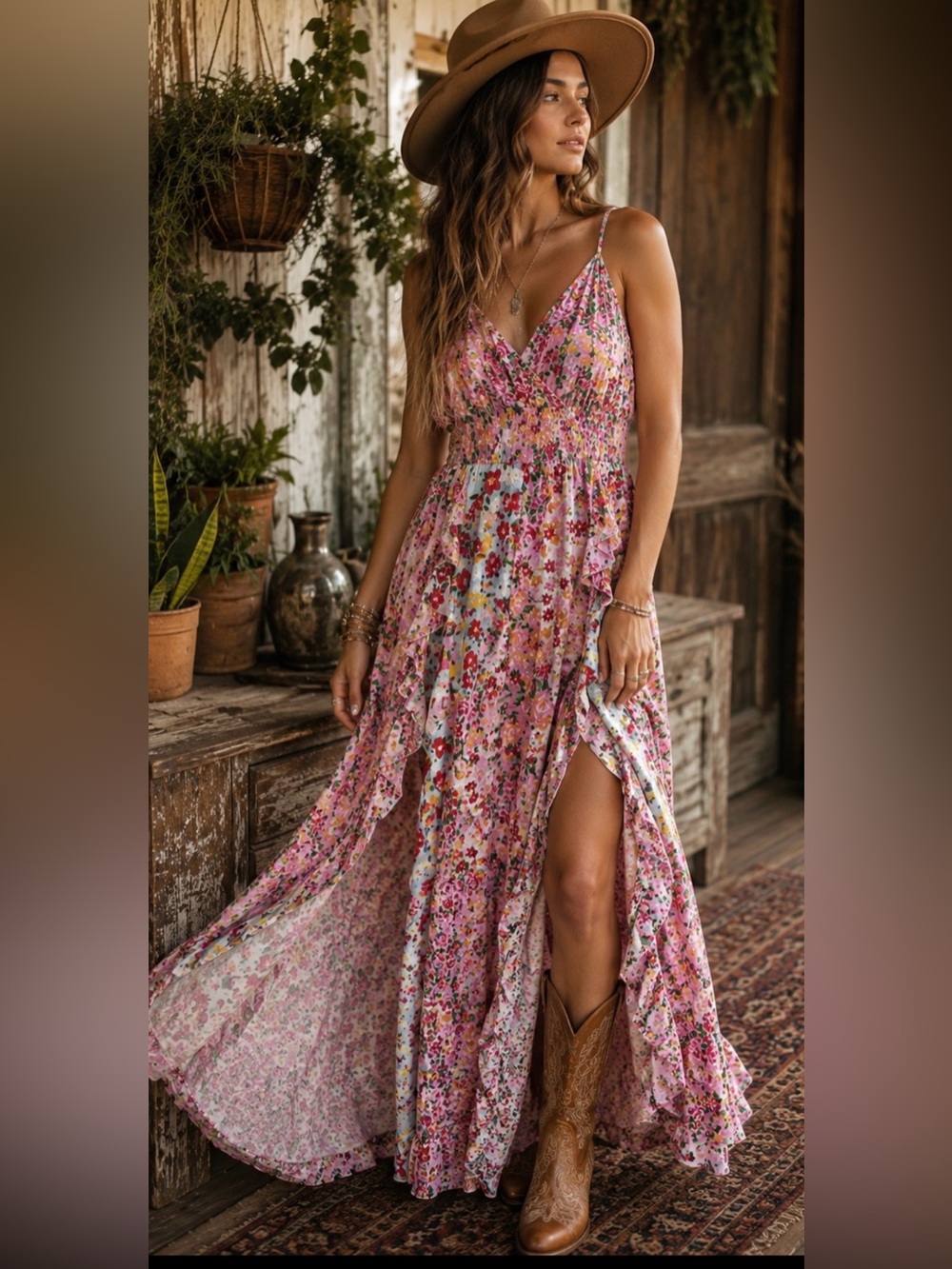 Angie Floral Ruffle Maxi Dress Boho Cottagecore Festival